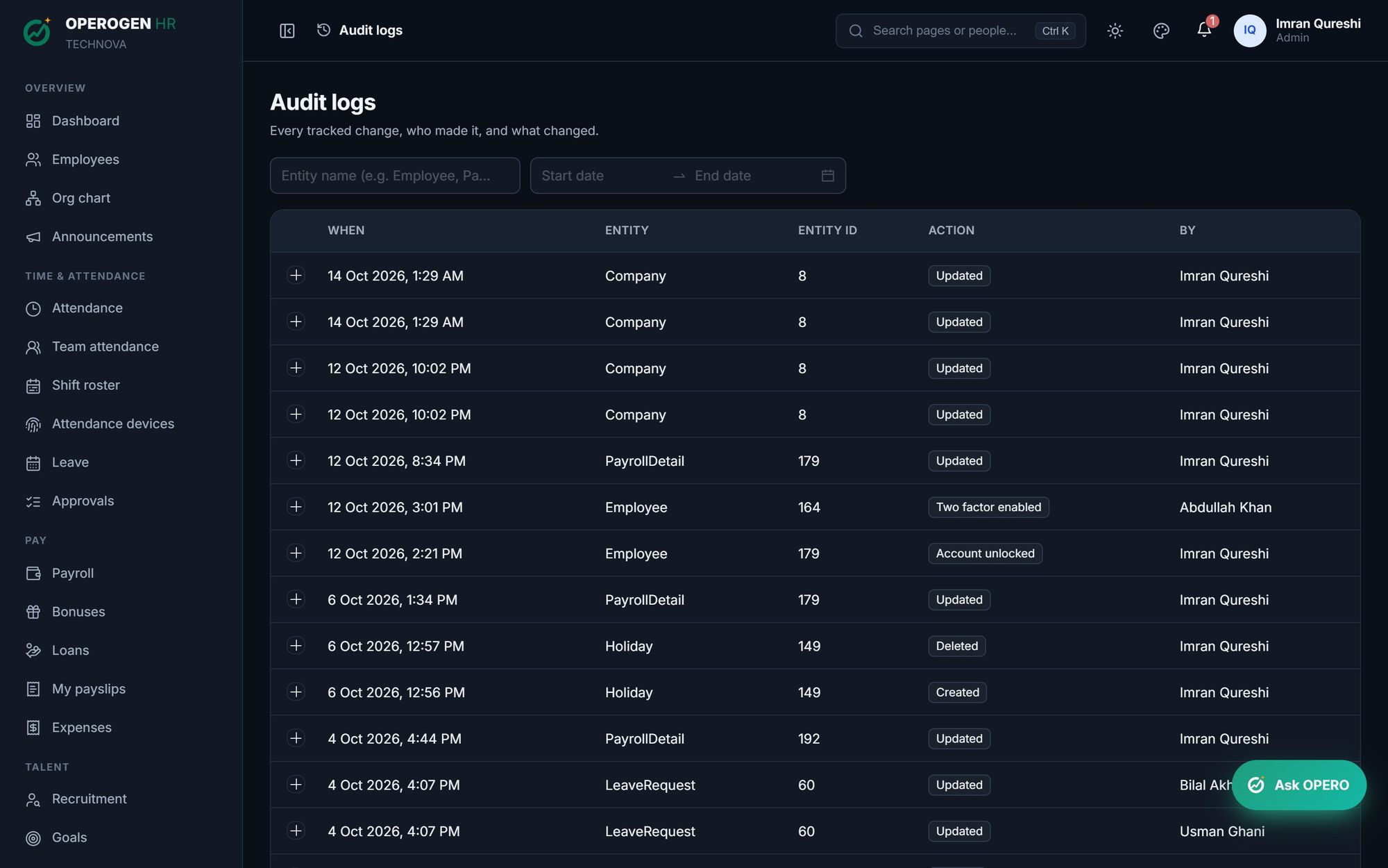 Audit log in OPEROGEN HR